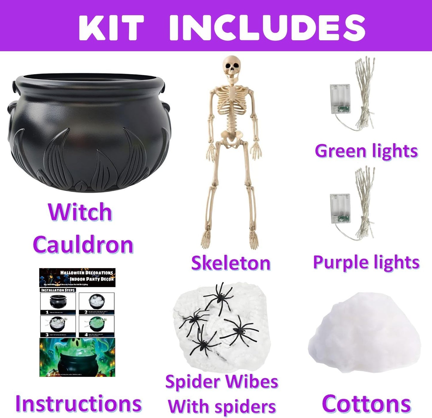Indoor & Outdoor Halloween Decorations, Witches Cauldron Set with Skeleton - Wei